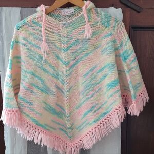 Handmade Crochet Poncho Child Size Vintage Multicolored Pastel Hooded & Fringed